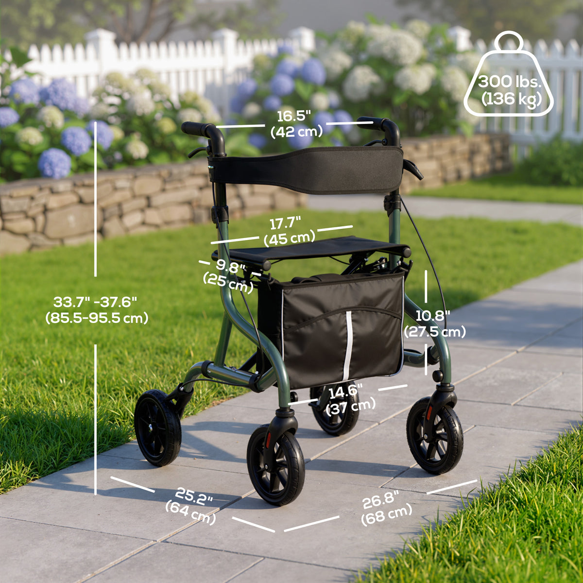Foldable Rollator Walker with Seat for Seniors, Lightweight Rolling Walker with Adjustable Handles - Green