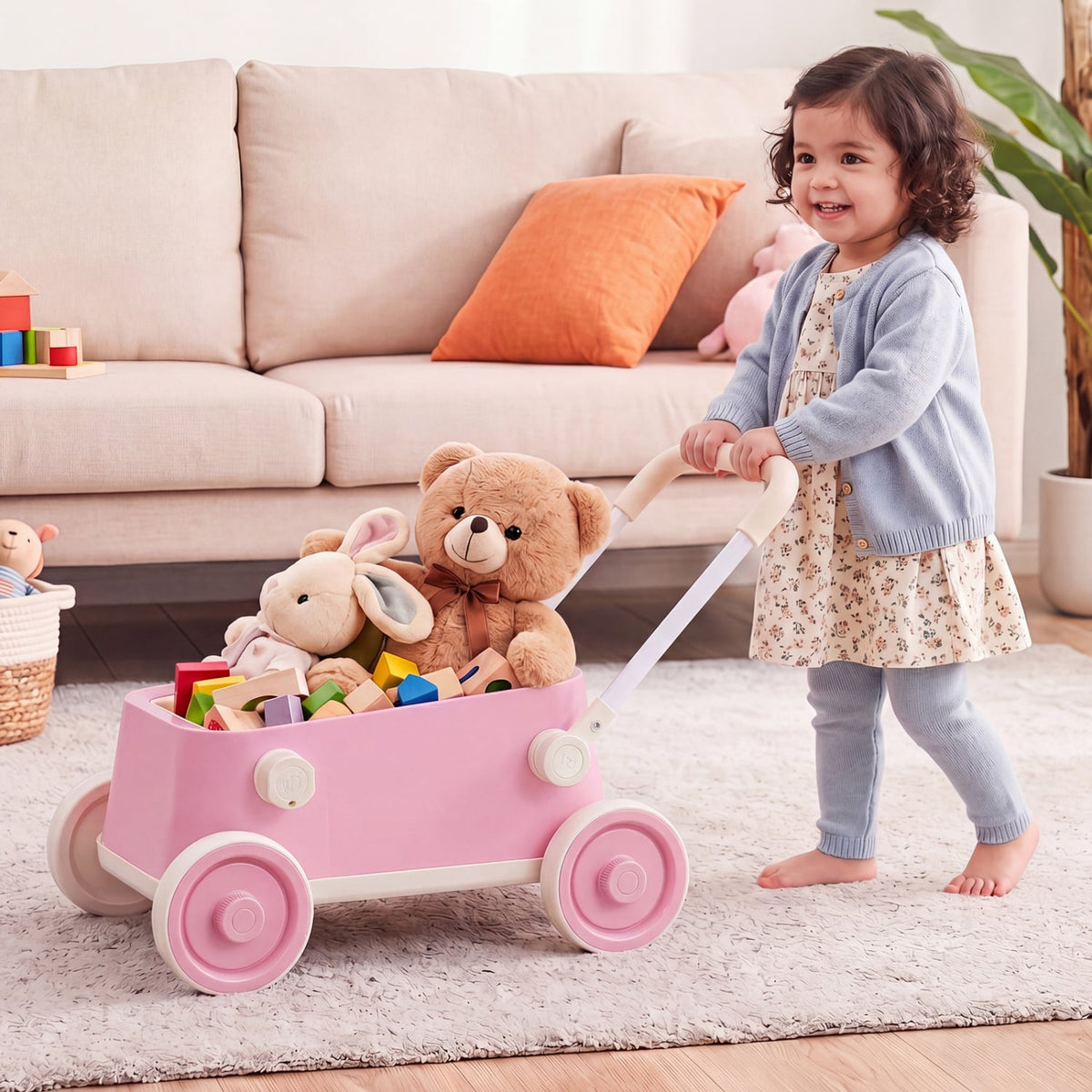 Baby Push Walker with Wheels and Foldable Handlebar and Storage Basket-Pink view 2