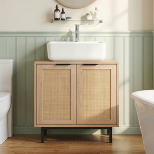 Bathroom Vanity Cabinet with U-Shaped Cut-Out 2 Rattan Doors and Shelf-Natural view 2