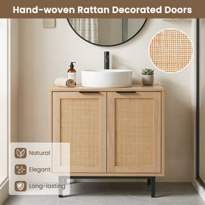 Bathroom Vanity Cabinet with U-Shaped Cut-Out 2 Rattan Doors and Shelf-Natural view 8