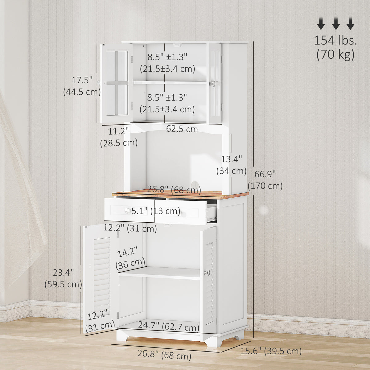 Coastal Style Kitchen Buffet and Hutch Wooden Storage Cupboard with Framed Glass Door LouveredCabinet Drawers Microwave Space for Dining Room Living Room White