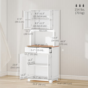 Coastal Style Kitchen Buffet and Hutch Wooden Storage Cupboard with Framed Glass Door LouveredCabinet Drawers Microwave Space for Dining Room Living Room White