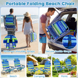 Beach Chairs Set of 2 Portable Folding Backpack Recliners with 5-Position Backrest and Padded Headrest-Blue and Green view 8