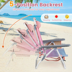 Beach Chairs Set of 2 Portable Folding Backpack Recliners with 5-Position Backrest and Padded Headrest-Gradient Pink view 6