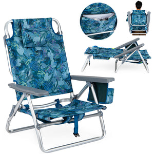 Beach Chairs Set of 2 Portable Folding Backpack Recliners with 5-Position Backrest and Padded Headrest-Peacock Blue view 4