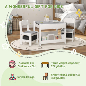 Qaba 3 Piece Kids Table and Chair Set with Reversible Tabletop, Blackboard, Storage, Bookshelf, for Playroom, Nursery