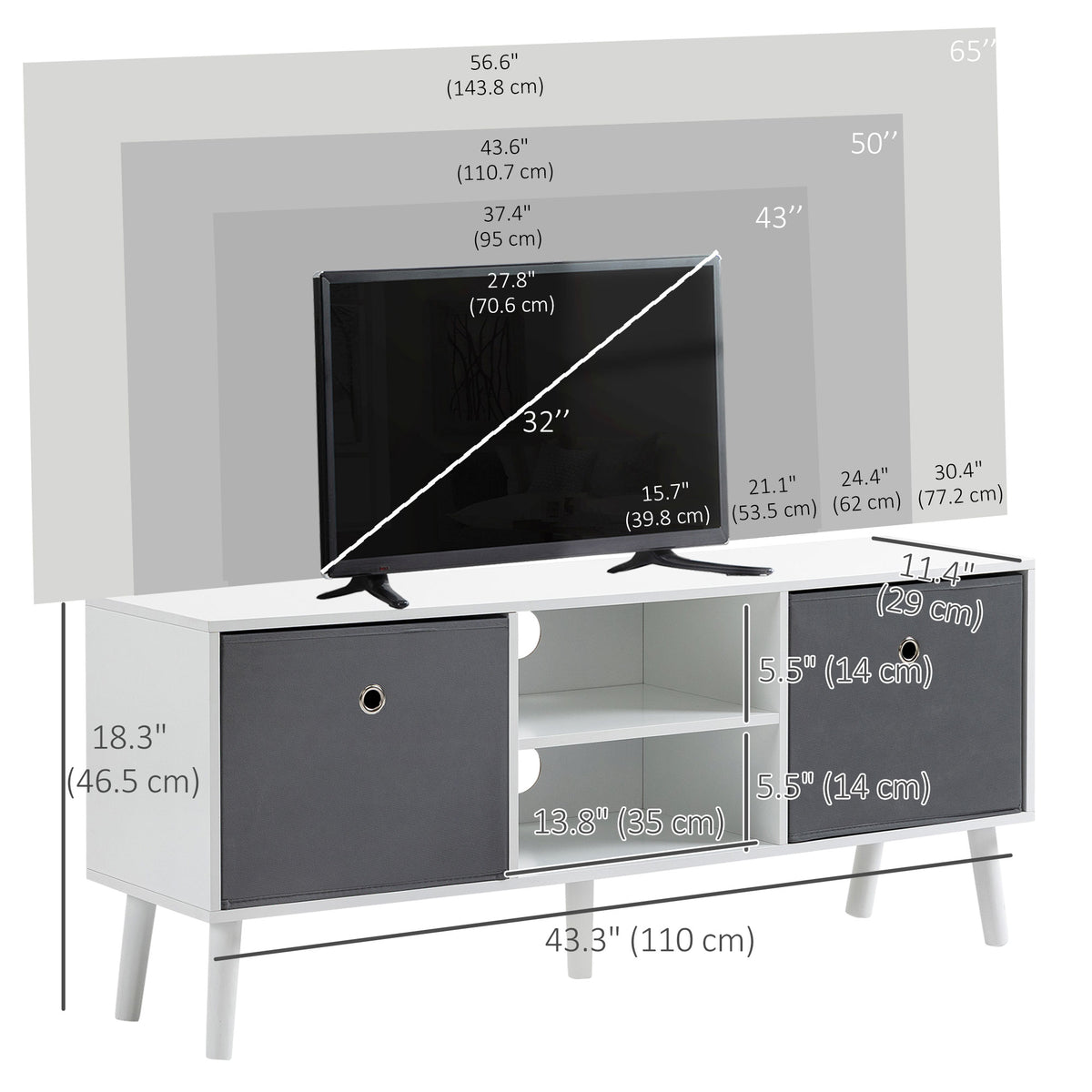 Modern TV Stand Cabinet with Foldable Drawers and Shelves for Living Room, Bedroom, White