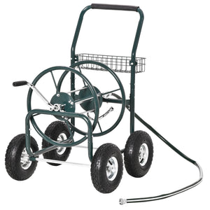 Garden Hose Reel Cart, Portable Hose Organizer with Hose Guide System, 4 Wheels & Storage Basket for Yard, Garden, Farm