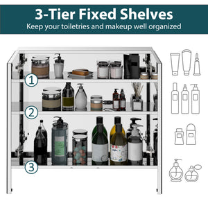 Wall Mounted Mirror Cabinet, Bathroom Medicine Cabinet with Mirror, 2 Doors and 3-tier Shelving, Silver