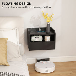 Wall Mounted Bedside Table, Set of 2 Floating Nightstand with Charging Station, Drawer and Open Shelf for Bedroom, Black