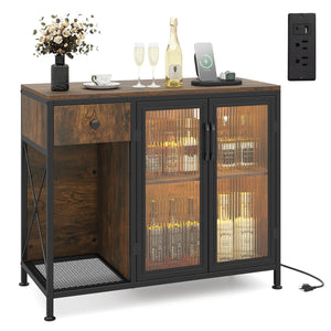Buffet Sideboard with Doors Power Outlets and LED Light-Rustic Brown view 4