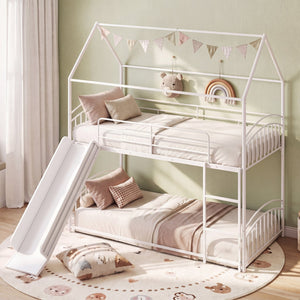 Bunk Bed Twin Over Twin House Bunk Bed Frame with Metal Slats-White view 3