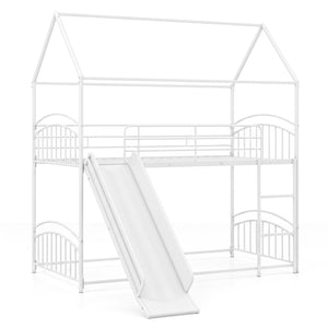 Bunk Bed Twin Over Twin House Bunk Bed Frame with Metal Slats-White view 4
