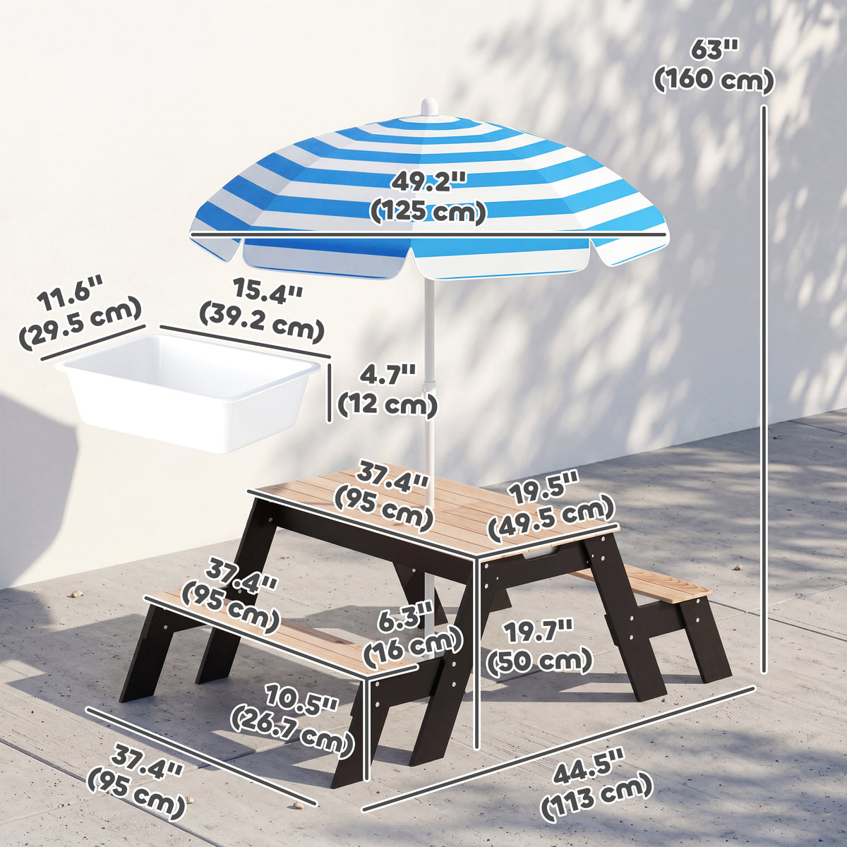 Qaba Kids Picnic Table with Umbrella, 3 in 1 Wooden Sand & Water Table with 2 Hidden Play Boxes for Patio, Ages 3-6