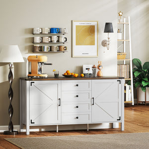 59" Buffet Cabinet, Farmhouse Sideboard with Thick Top, 2 Barn Doors, 4 Drawers and 2 Adjustable Shelves, Grey