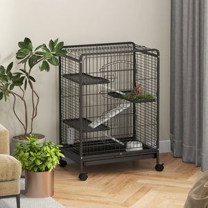 37"H Ferret Cage, 4-Tier Rolling Rabbit Ferret Chinchilla Squirrel Cage with Removable Tray, Platform, Ramp, Food Dish, Water Bottle, 24" x 17" x 37"