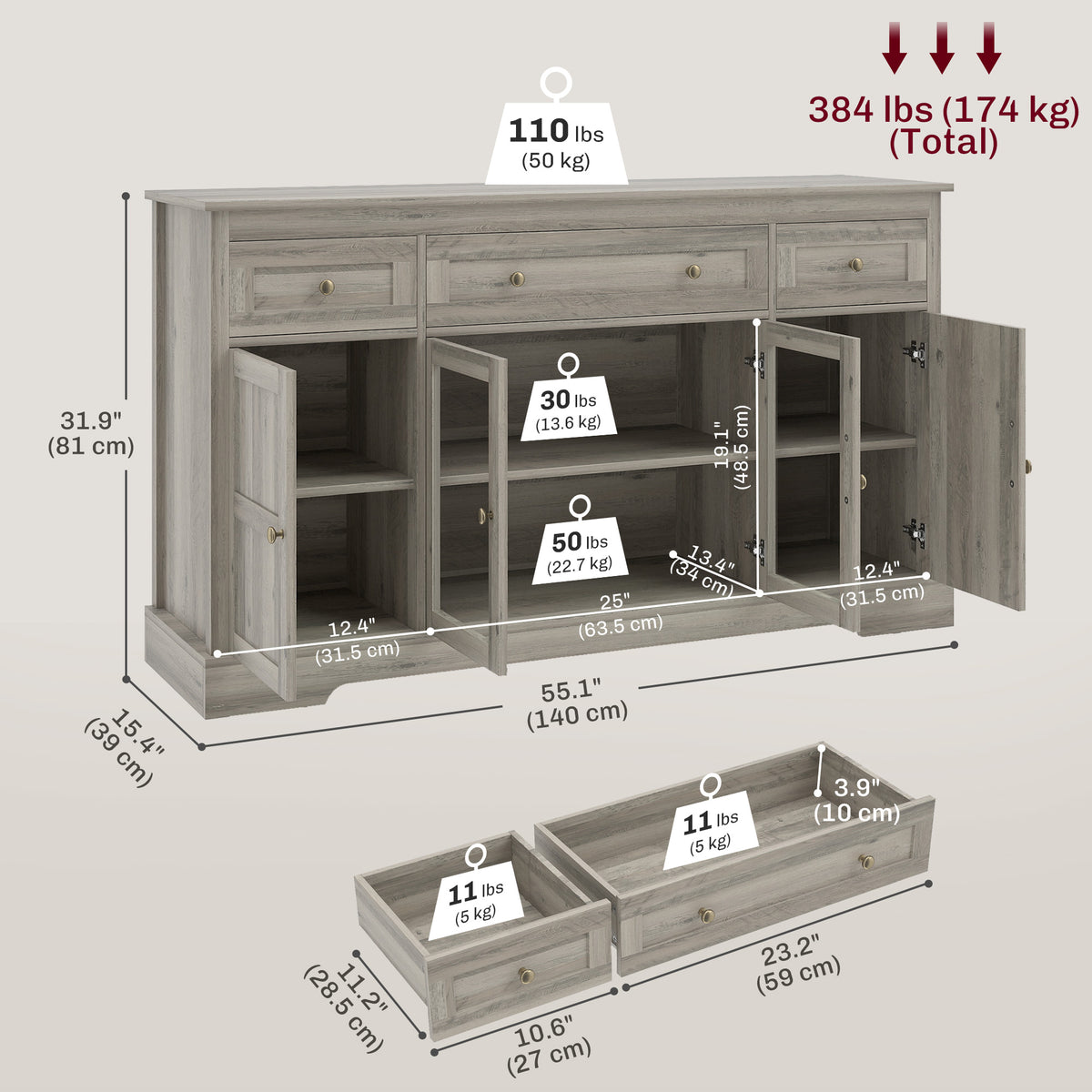 Dining Room Sideboard Buffet Cabinet with Storage, Coffee Bar Cabinet with Glass Doors and Adjustable Shelves, Weathered Grey Oak