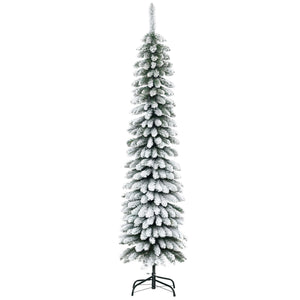 6 Ft Snow-Flocked Artificial Christmas Tree, Slim Pencil Xmas Tree with Realistic Branches, Metal Base