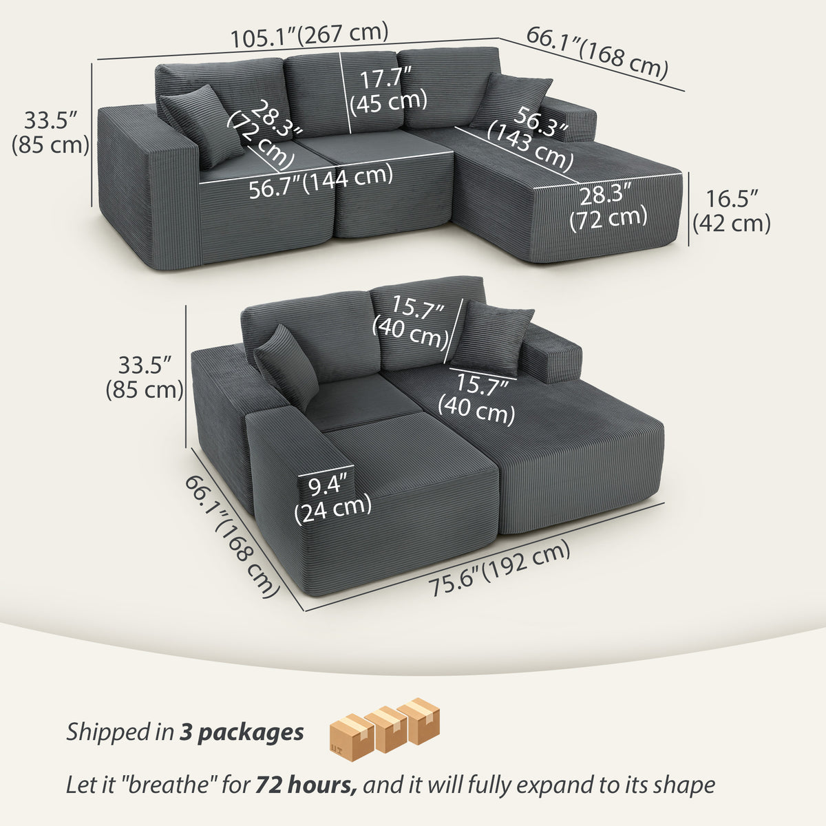 2-in-1 Modular Sectional Sofa, Boneless L Shaped Couch Sofa Bed, Dark Grey – view 2