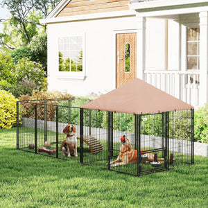 Outdoor Dog Kennel with Rotating and Adjustable Height Bowls, Waterproof UV-Resistant Cover, 11.3' x 4.7' x 5.1'