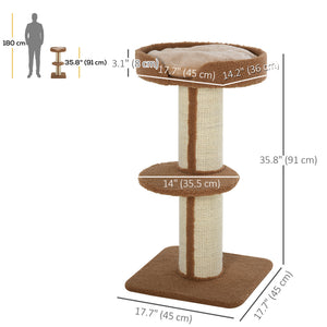 Cat Tree Kitty Tower with Sisal Mat Scratching Post, Cat Bed, Cushion, Perch, 18" x 18" x 36", Brown – view 2