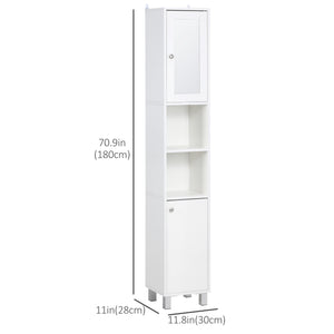 Tall Bathroom Storage Cabinet with Mirror, Freestanding Narrow Linen Tower Cabinet with Adjustable Shelves for Bathroom, White
