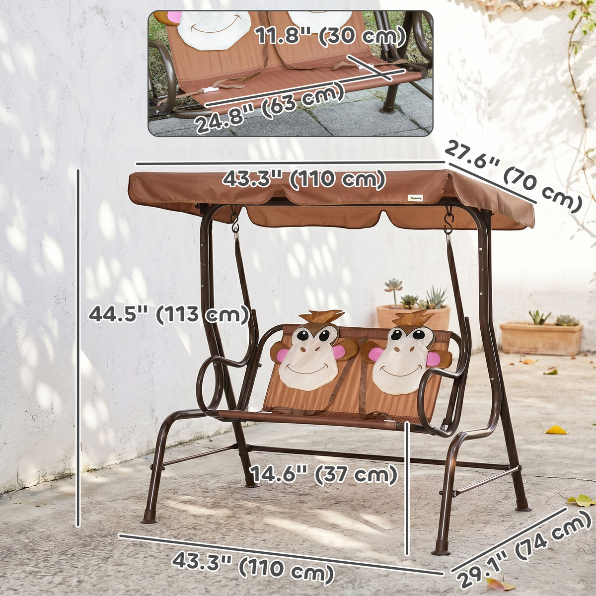 2-Seat Kids Porch Swing Chair, Children Outdoor Patio Furniture Lounge Chair for Garden, with Adjustable Canopy, Seat Belt, Monkey Pattern, for 3-6 Years Old, Coffee