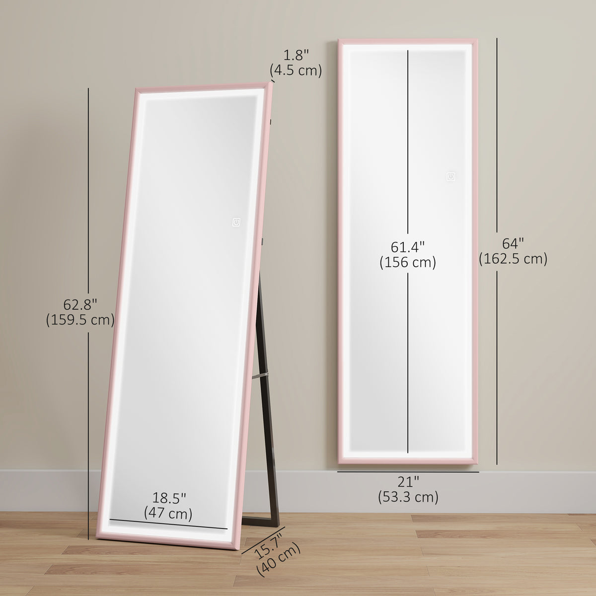 LED Mirror with Dimmable and 3 Colour Lights, 64" x 21" Rectangular Full Body Mirror for Bedroom Living Room, Pink