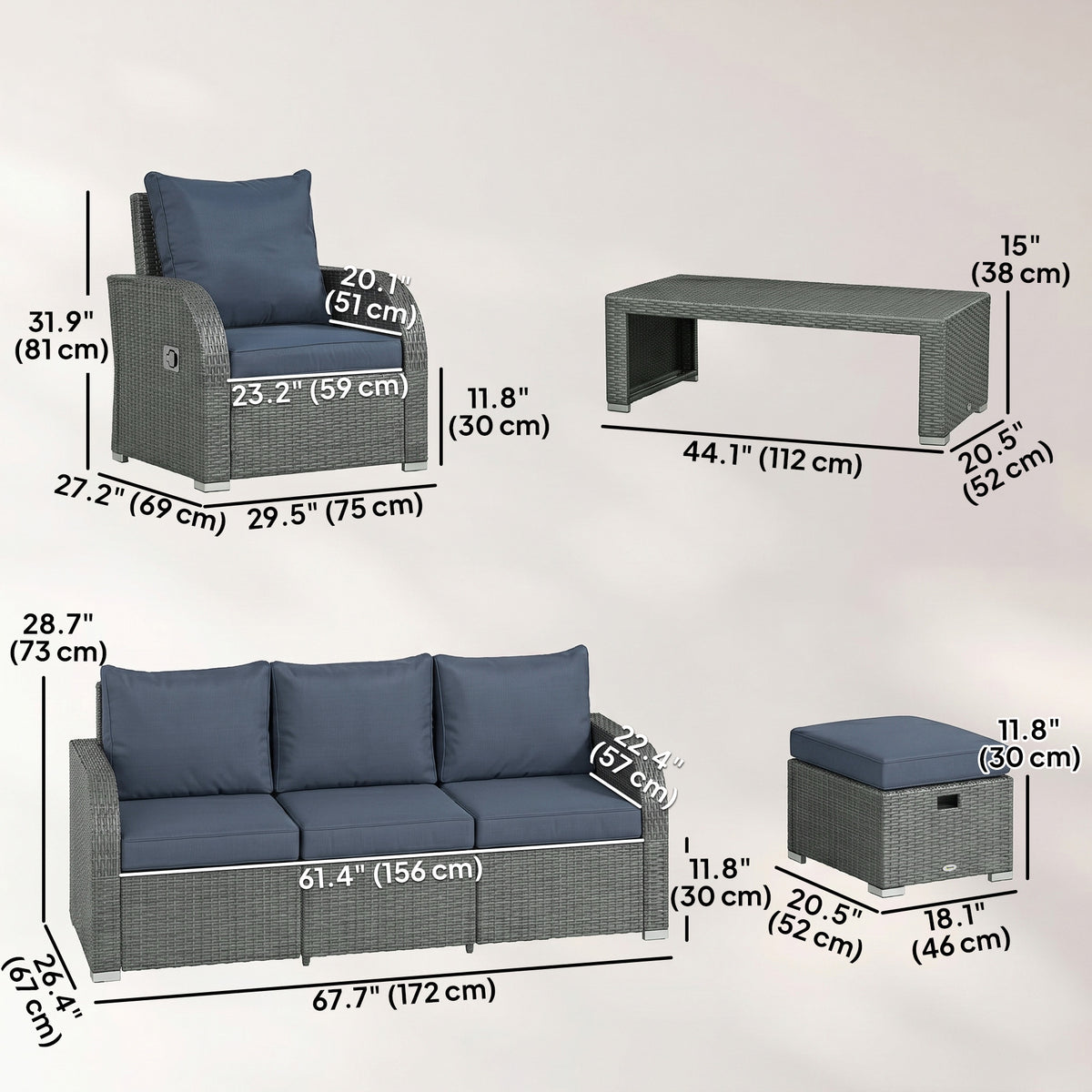Patio Furniture with Cushions, 6 Pieces PE Wicker Patio Sectional Furniture Conversation Set w/ a Three-Seat Sofa, 2 Recliner Chairs, 2 Footstools & Table, Dark Blue