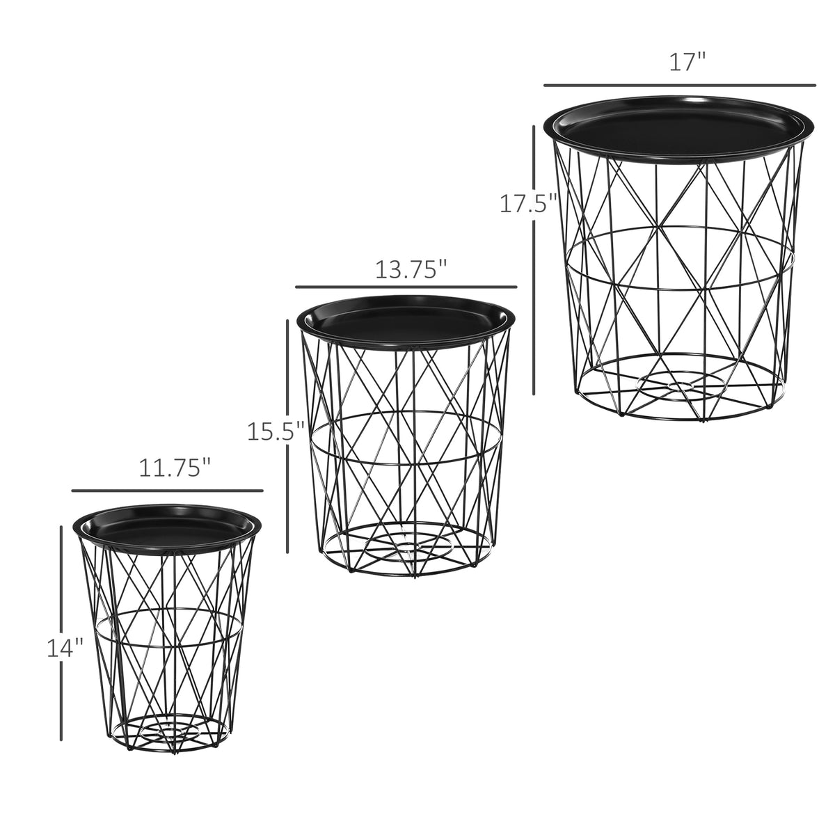 Set of 3 Nesting Coffee Tables with Storage, Round End Table with Removable Tray, Basket Side Tables with Metal Frame for Living Room, Black