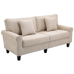 Modern 3 Seater Sofa, Corduroy Fabric 3 Seater Couch with Pine Wood Legs and Rolled Armrests for Living
