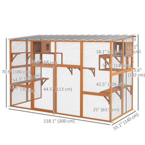 Large Outdoor Catio with 2 Condos, Jumping Platforms, Waterproof Roof, Orange