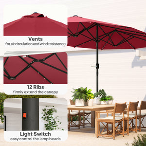 174" Double-Sided Sun Umbrella Garden Parasol Patio Sun Shade Outdoor with LED Solar Light, Khaki – view 25