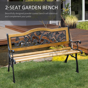 50" 2-Seater Garden Bench Chair, Loveseat for Yard, Lawn, Porch, Patio, Cast Iron/ Wooded, Natural