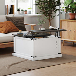 Lift Top Coffee Table with Charging Station, Square Farmhouse Center Table with Hidden Storage, Black Wood Grain