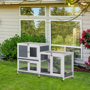 Wooden Rabbit Hutch Elevated Pet House Bunny Cage Small Animal Habitat with Slide-out Tray Lockable Door Openable Top for Indoor 58" x 18" x 35" Grey
