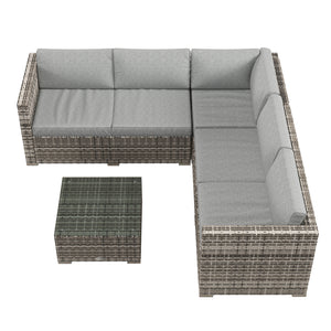 4 Pieces Rattan Wicker Outdoor Conversation Furniture Set w/ Corner Sofa Loveseats Coffee Table Cushions, Mixed Grey