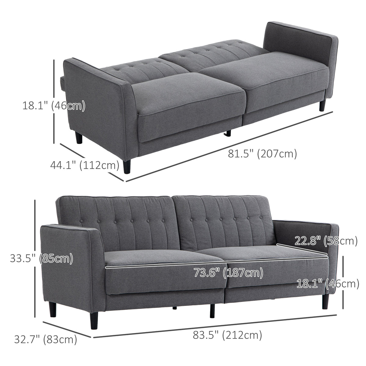 Convertible Bed with Couch, Button Tufted Fabric Sofa Bed with Adjustable Back for Living Room – view 2