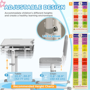 Qaba Height Adjustable Study Table and Chair Set with Drawer, Pen Slot, Tiltable Desktop, Hook
