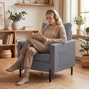 Accent Chair Modern Upholstered Armchair with Side Pockets and Cushion for Bedroom, Living Room, Beige – view 13