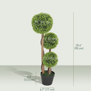 35 Inch 2 Pack Potted Fake Plant, Artificial Boxwood Topiary Trees, Triple Ball Tree for Indoor and Outdoor, Light Green