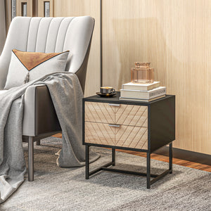 Modern Bedside Table with 2 Drawers and Steel Frame, Sofa Side Table for Bedroom Living Room, White and Oak
