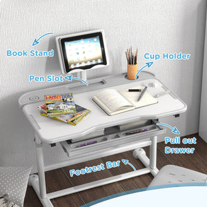 Qaba Height Adjustable Kids Desk and Chair Set with Tilt Desktop, Large Writing Board, Storage Drawer, Book Stand