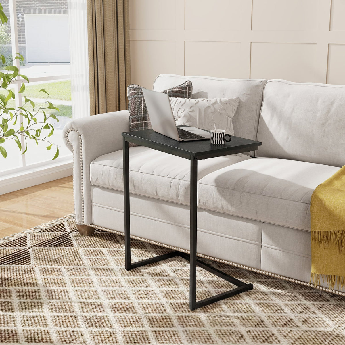 C-Shaped Side Table Sofa Snack End Table with Metal Frame-Black view 2