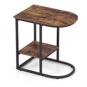 C-shaped Modern Sofa Side Table with Faux Marble Tabletop and Storage Shelf-Rustic Brown