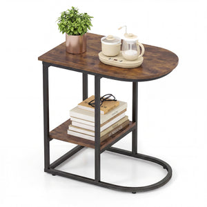 C-shaped Modern Sofa Side Table with Faux Marble Tabletop and Storage Shelf-Rustic Brown view 4