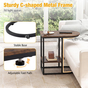 C-shaped Modern Sofa Side Table with Faux Marble Tabletop and Storage Shelf-Rustic Brown view 9