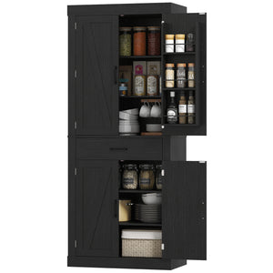 72" Kitchen Pantry Cabinet, Farmhouse Kitchen Storage Cabinet with 4 Barn Doors, 6 Door Shelves, Drawer