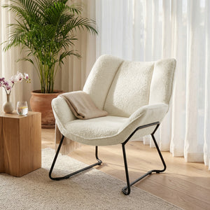 Accent Chair, Sherpa Fleece Armchair with Wide Backrest and Metal Legs, White