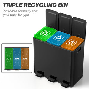 Garbage Bin, Soft-Close Trash Can with Foot Pedal, 3x5 Gallon (3x20 L) Garbage Can with Removable Inner – view 3